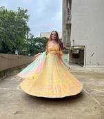 Yellow Thread Embroidered Heavy Dola Silk Semi Stitched Designer Lehenga Choli