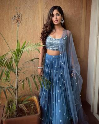 Blue Faux Georgette Embroidered Lehenga Choli  2