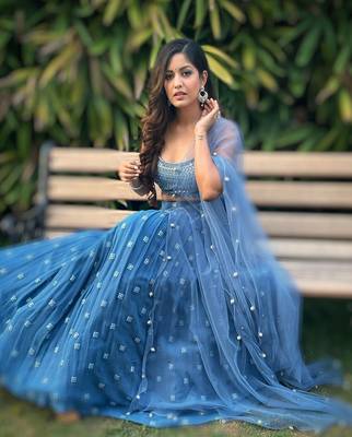 Blue Faux Georgette Embroidered Lehenga Choli  3