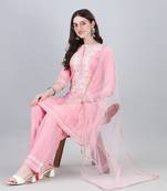 Women's Chanderi Cotton Embroidered Kurta And Palazzo Set With Net Dupatta (Pink) (MAK15)