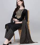 Women's Silk Blend Embroidered Kurta With Printed Palazzo And Dupatta (Black) (MAK20)