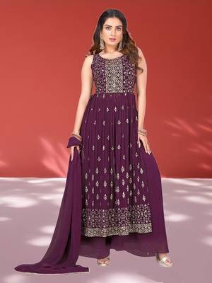 Women's Wine Color Sequence Work Nyra Cut Kurta Plazzo Set 1