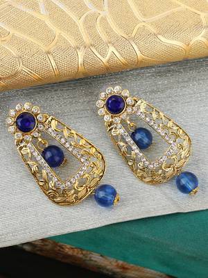 Exclusive Design Gold Plated Stone Studded Blue Rectangular Shape Drop Earring 1