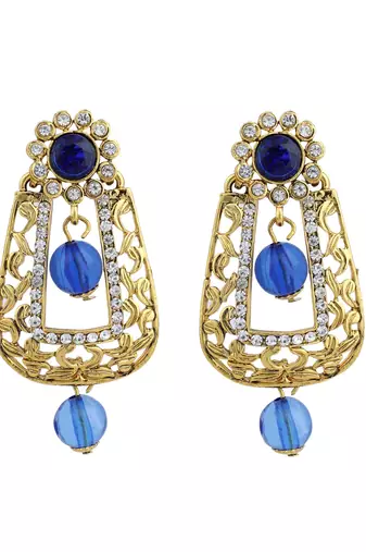Exclusive Design Gold Plated Stone Studded Blue Rectangular Shape Drop Earring