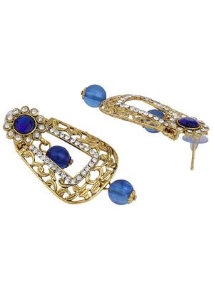Exclusive Design Gold Plated Stone Studded Blue Rectangular Shape Drop Earring 3