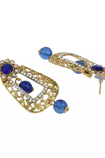 Exclusive Design Gold Plated Stone Studded Blue Rectangular Shape Drop Earring