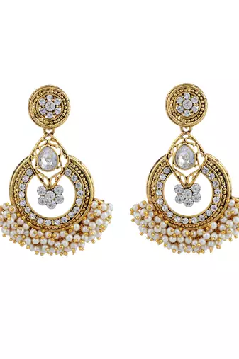 Traditional White Stone Studded Chandbali with Center Flower Design