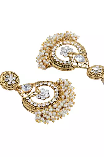 Traditional White Stone Studded Chandbali with Center Flower Design