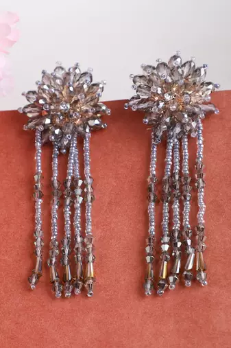 Designer Grey Floral Design Beaded  Contemporary Taselled Earring