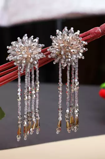 Designer Grey Floral Design Beaded  Contemporary Taselled Earring