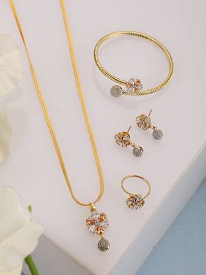 Stylish Gold Tone Sleek Chain Pendant Earring , Bracelet and Ring White AD Set 1