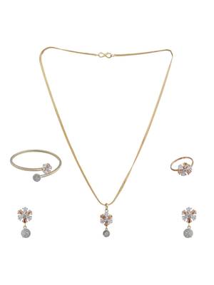 Stylish Gold Tone Sleek Chain Pendant Earring , Bracelet and Ring White AD Set 2