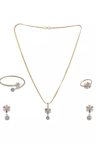 Stylish Gold Tone Sleek Chain Pendant Earring , Bracelet and Ring White AD Set