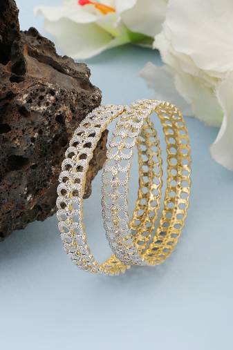 Set of 2 Silver-Toned & Gold-Toned Stone-Studded Bangles