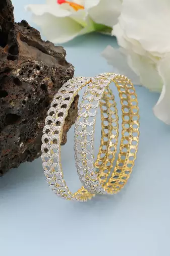 Set of 2 Silver-Toned & Gold-Toned Stone-Studded Bangles