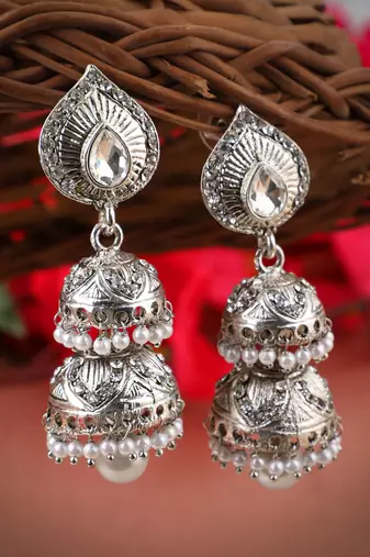 Traditional Silver Plated 2 Floor Stone Studded Jhumka Earring