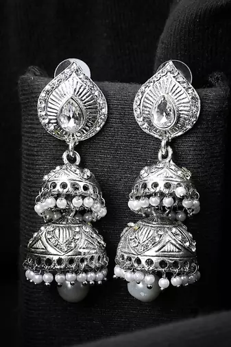 Traditional Silver Plated 2 Floor Stone Studded Jhumka Earring