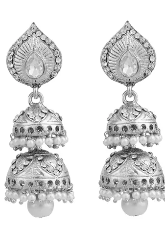 Traditional Silver Plated 2 Floor Stone Studded Jhumka Earring