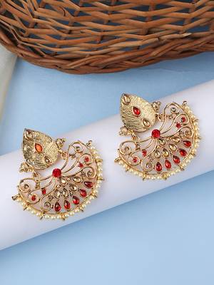 Traditional Gold Plated Stone Studded Red Chandbali Earring 1