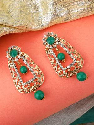 Exclusive Design Gold Plated Stone Studded Green Rectangular Shape Drop Earring 1