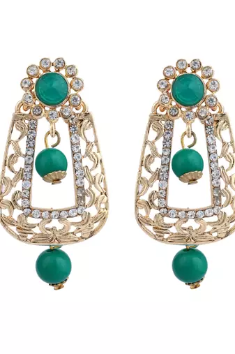 Exclusive Design Gold Plated Stone Studded Green Rectangular Shape Drop Earring