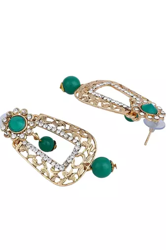 Exclusive Design Gold Plated Stone Studded Green Rectangular Shape Drop Earring