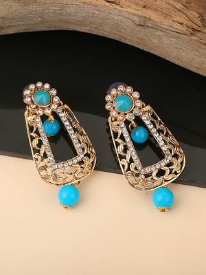 Exclusive Design Gold Plated Stone Studded Turquoise Rectangular Shape Drop Earring 1