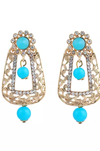 Exclusive Design Gold Plated Stone Studded Turquoise Rectangular Shape Drop Earring