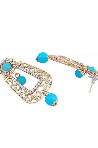 Exclusive Design Gold Plated Stone Studded Turquoise Rectangular Shape Drop Earring