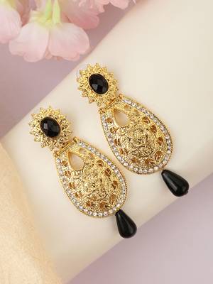 Exclusive Design Gold Plated Stone Studded Black Oval Shape Drop Earring 1