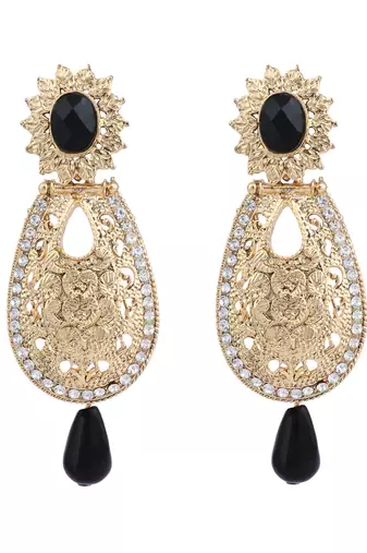 Exclusive Design Gold Plated Stone Studded Black Oval Shape Drop Earring