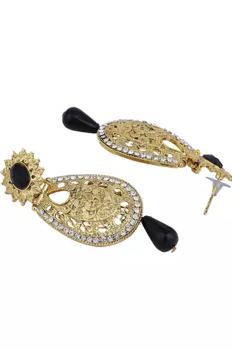 Exclusive Design Gold Plated Stone Studded Black Oval Shape Drop Earring