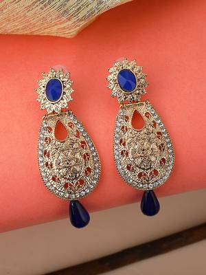 Exclusive Design Gold Plated Stone Studded Blue Oval Shape Drop Earring 1