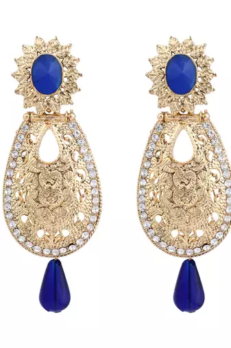 Exclusive Design Gold Plated Stone Studded Blue Oval Shape Drop Earring