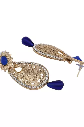 Exclusive Design Gold Plated Stone Studded Blue Oval Shape Drop Earring