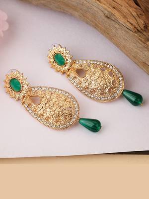 Exclusive Design Gold Plated Stone Studded Green Oval Shape Drop Earring 1