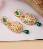 Exclusive Design Gold Plated Stone Studded Green Oval Shape Drop Earring