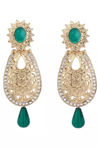 Exclusive Design Gold Plated Stone Studded Green Oval Shape Drop Earring