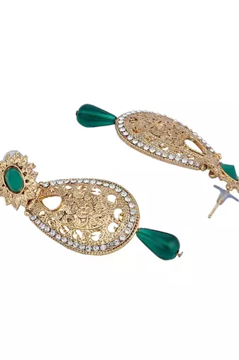 Exclusive Design Gold Plated Stone Studded Green Oval Shape Drop Earring