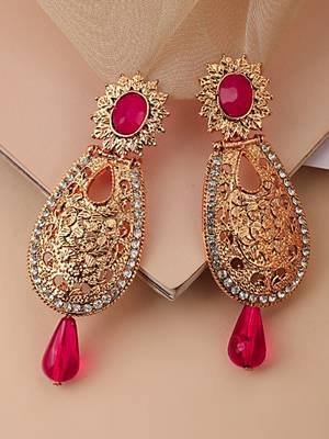 Exclusive Design Gold Plated Stone Studded Magenta Oval Shape Drop Earring 1
