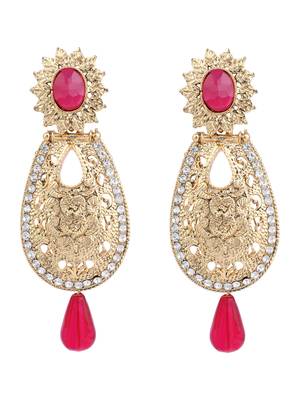 Exclusive Design Gold Plated Stone Studded Magenta Oval Shape Drop Earring 2