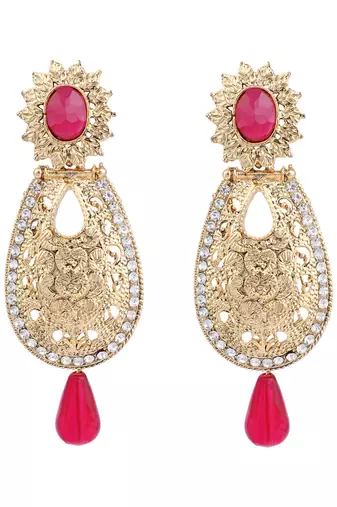 Exclusive Design Gold Plated Stone Studded Magenta Oval Shape Drop Earring
