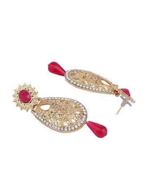 Exclusive Design Gold Plated Stone Studded Magenta Oval Shape Drop Earring 3