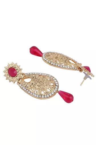 Exclusive Design Gold Plated Stone Studded Magenta Oval Shape Drop Earring