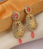 Exclusive Design Gold Plated Stone Studded Pink Oval Shape Drop Earring