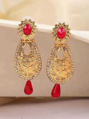 Exclusive Design Gold Plated Stone Studded Red Oval Shape Drop Earring 1