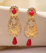Exclusive Design Gold Plated Stone Studded Red Oval Shape Drop Earring