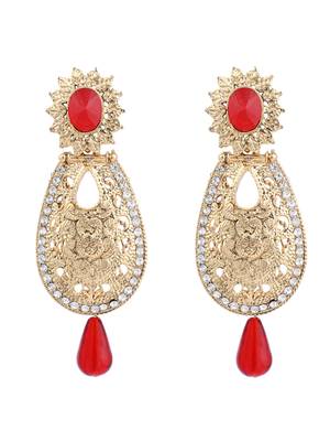 Exclusive Design Gold Plated Stone Studded Red Oval Shape Drop Earring 2