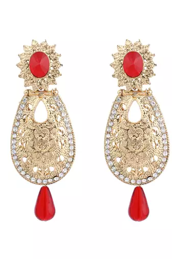 Exclusive Design Gold Plated Stone Studded Red Oval Shape Drop Earring