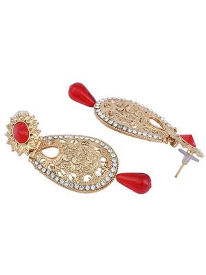 Exclusive Design Gold Plated Stone Studded Red Oval Shape Drop Earring 3